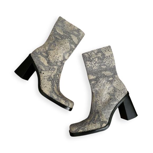 Vintage 90s MIA Multi Tan Snakeskin Leather Platform Square Toe Mid Calf Boots - Picture 1 of 9